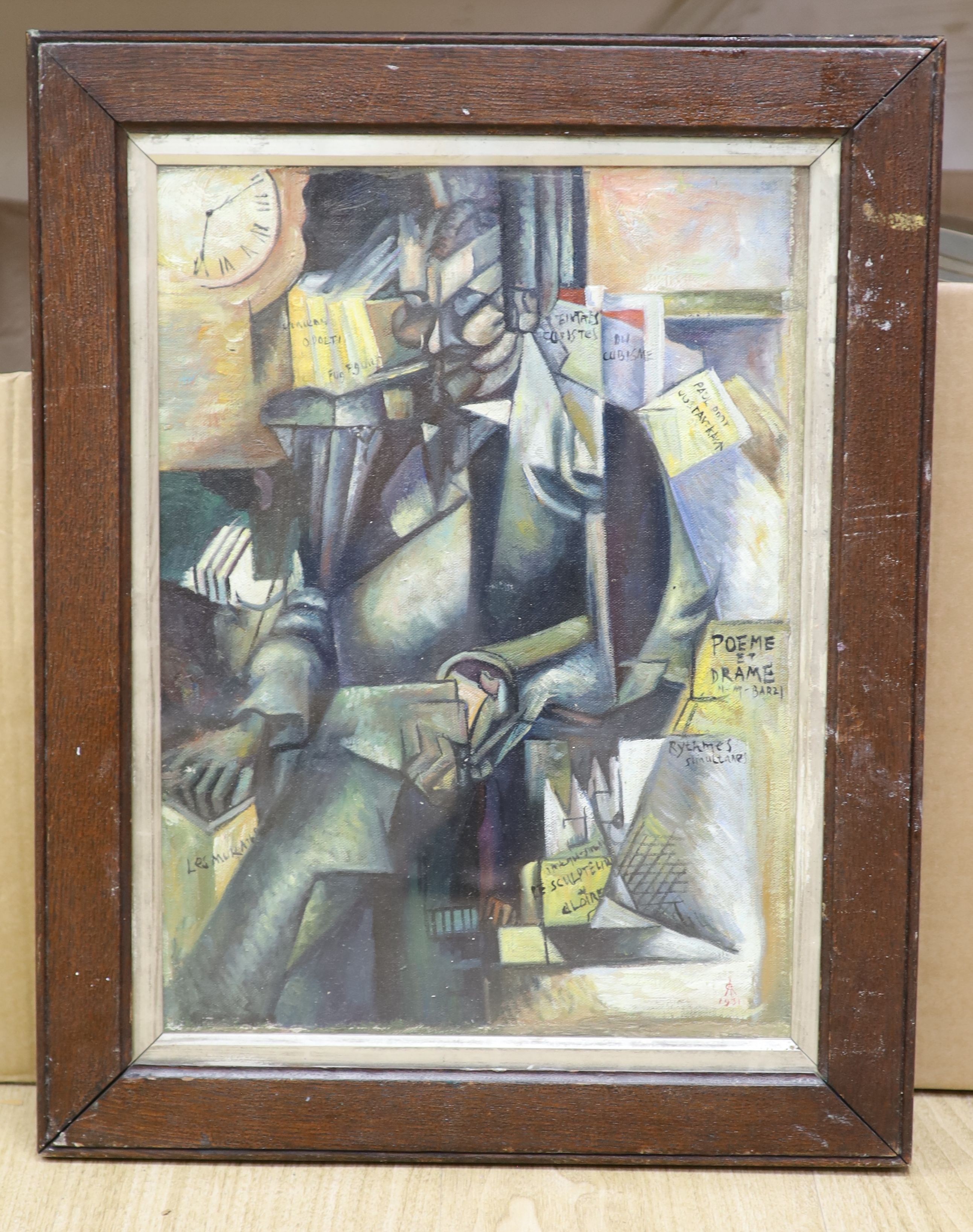 A modern oil on board, Cubist style seated figure, 41 x 30cm